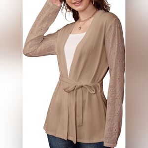 Lanmia Elegant Lace Trimmed Tan Cardigan
